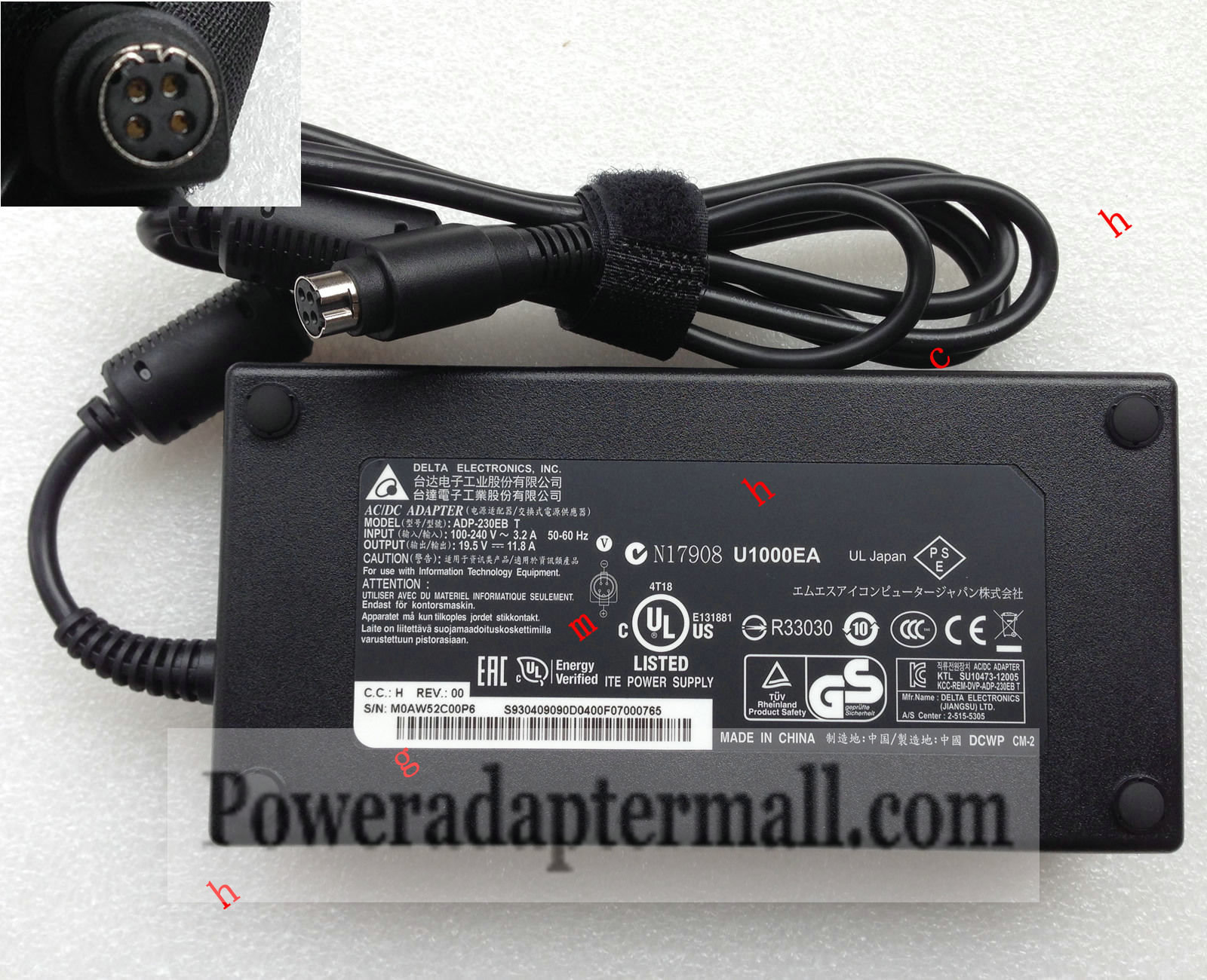 Original 230W Sager NP8278 ADP-230EB T A12-230P1A AC Adapter 4pi